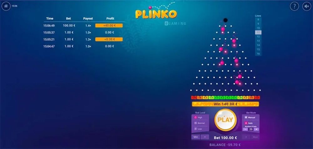 Гральний автомат Plinko інтерфейс
